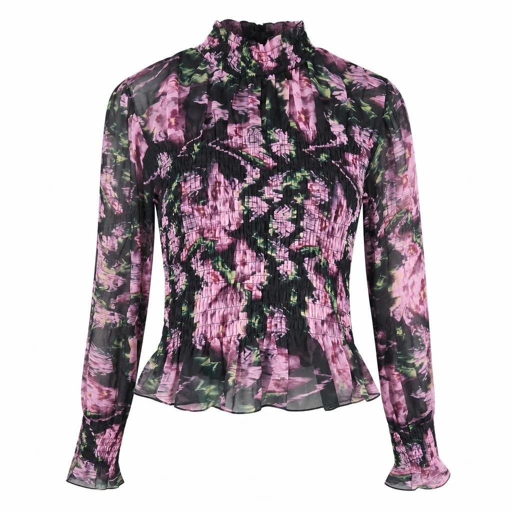 Steve Madden Womens S Purple Floral Smocked Blouse Mock Neck Chiffon Bn304914